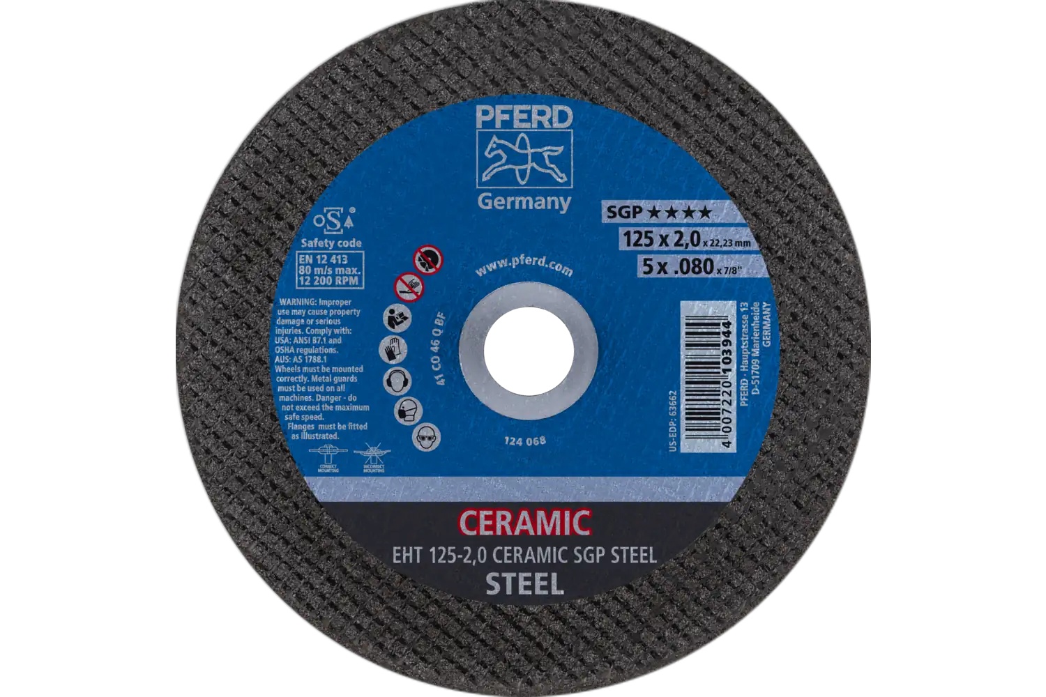 Picture of Pferd Cut-Off Wheel, 5" X .080 X 7/8, Ceramic Sgp Steel, T1, Ceramic Oxide